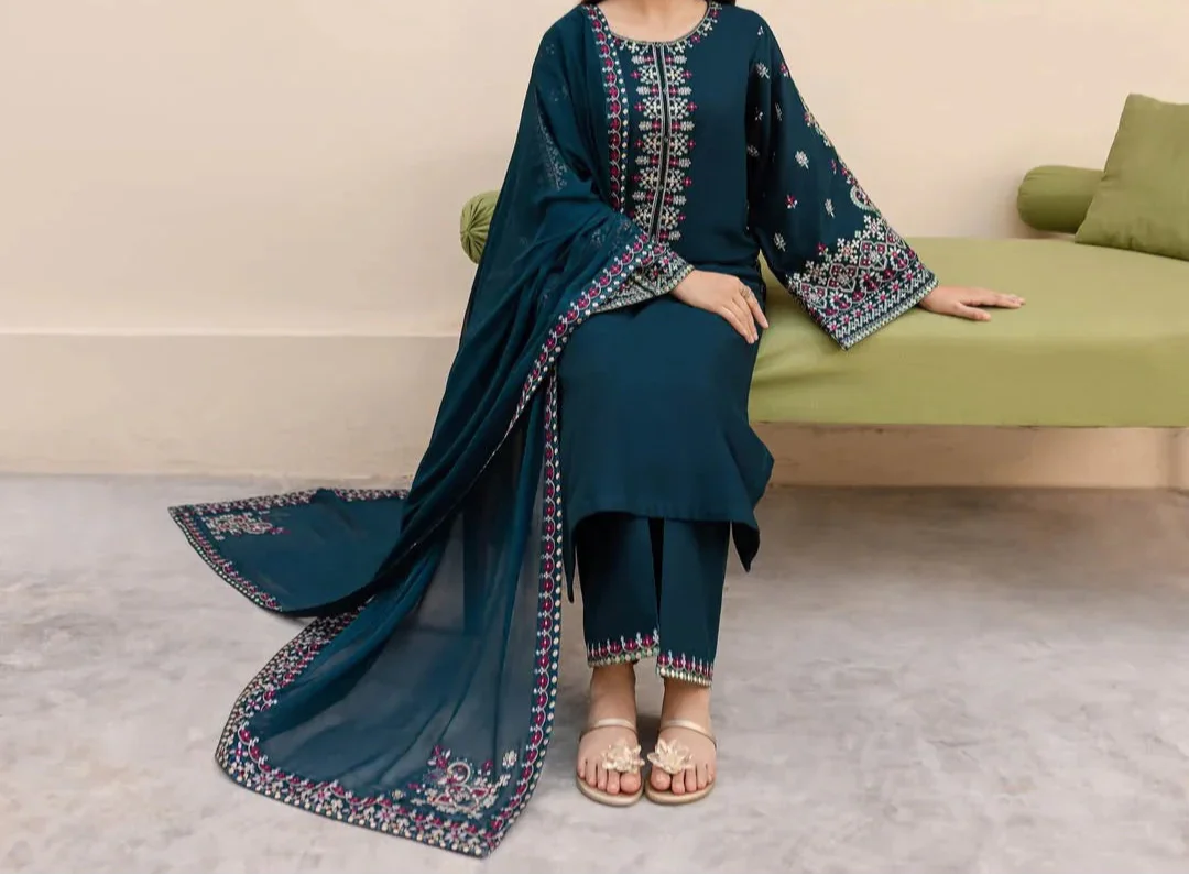 Grace W758 - Embroidered 3pc Marina Dress With Embroidered Chiffon Dupatta.